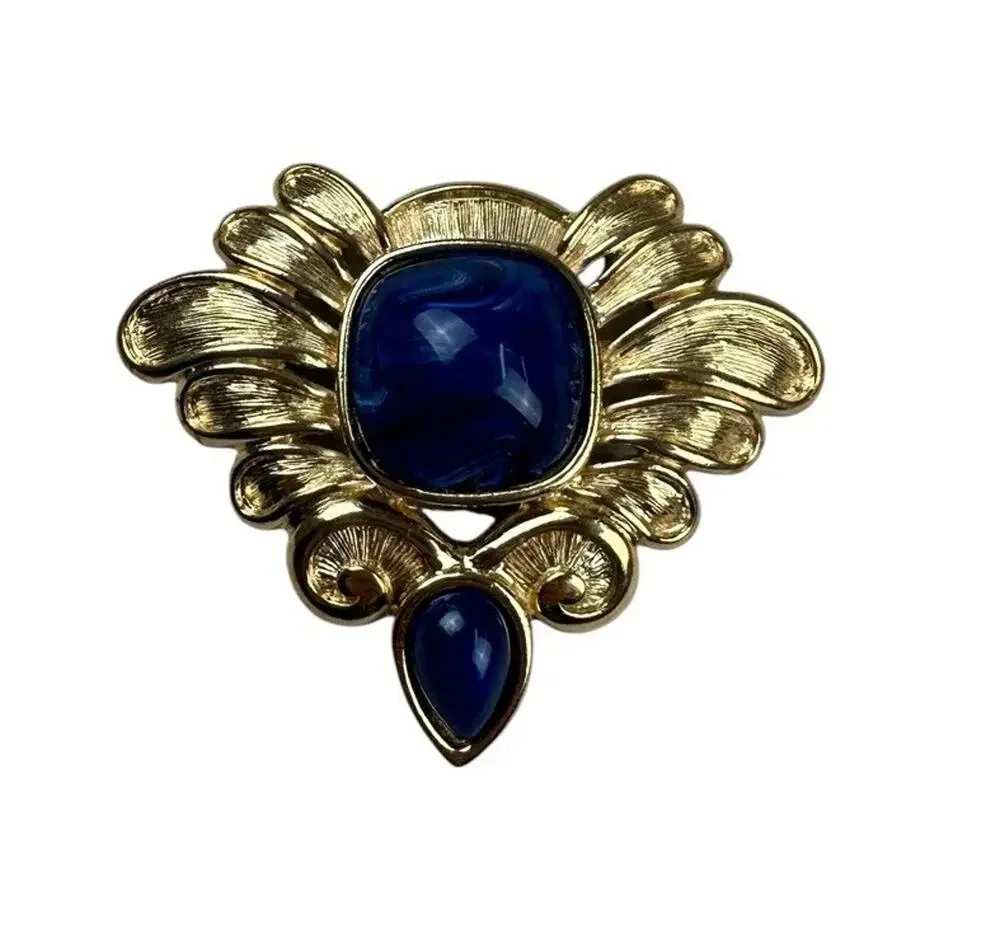 Vintage TRIFARI Signed Faux Lapis Lucite Blue Brushed Gold Tone Brooch 1980s